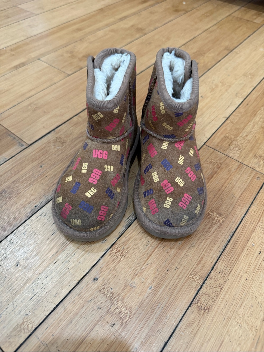 UGG Kids Brown Logo Print Shearling Boots with Multicolor Accents